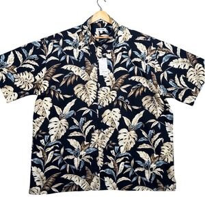 Pierre Cardin Button Down Shirt Mens 2XLT Black New Tropical Leaf Short Sleeve